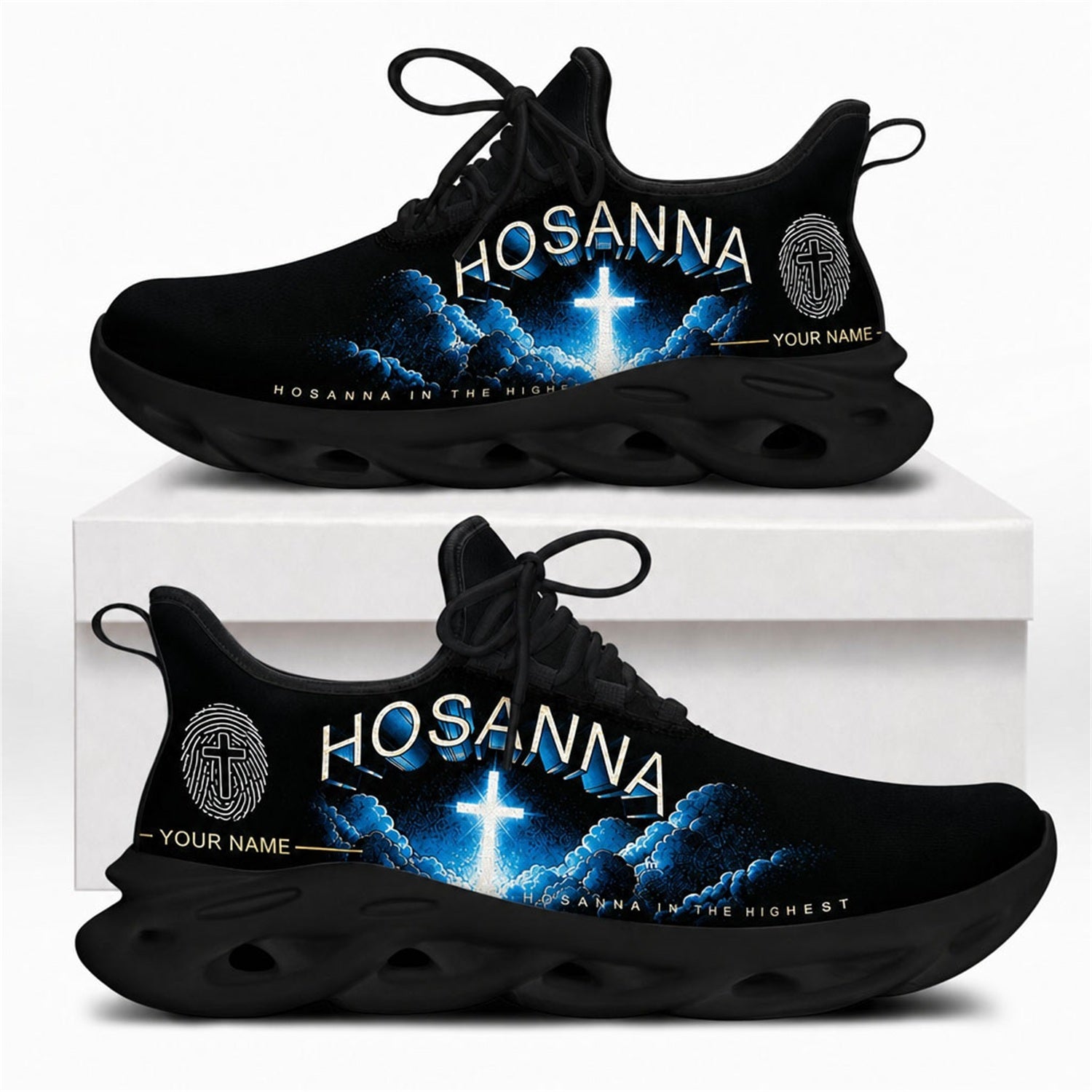 Hosanna in the highest Christian shoes featuring a glowing blue neon cross, heavenly clouds, and black soles