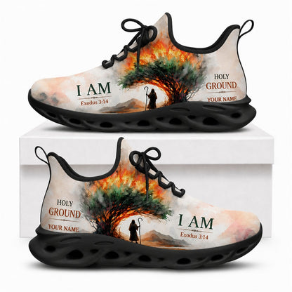 Christian sneakers featuring a burning bush design and "I AM Exodus 3:14" text on black wavy soles