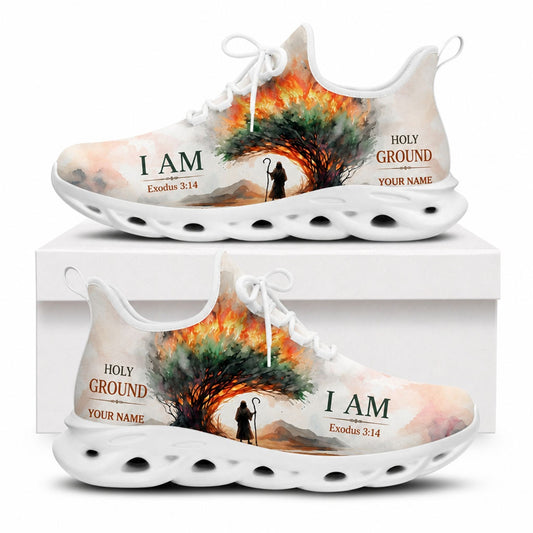 Side view of faith sneakers with "Holy Ground" and burning bush graphic on white outsoles