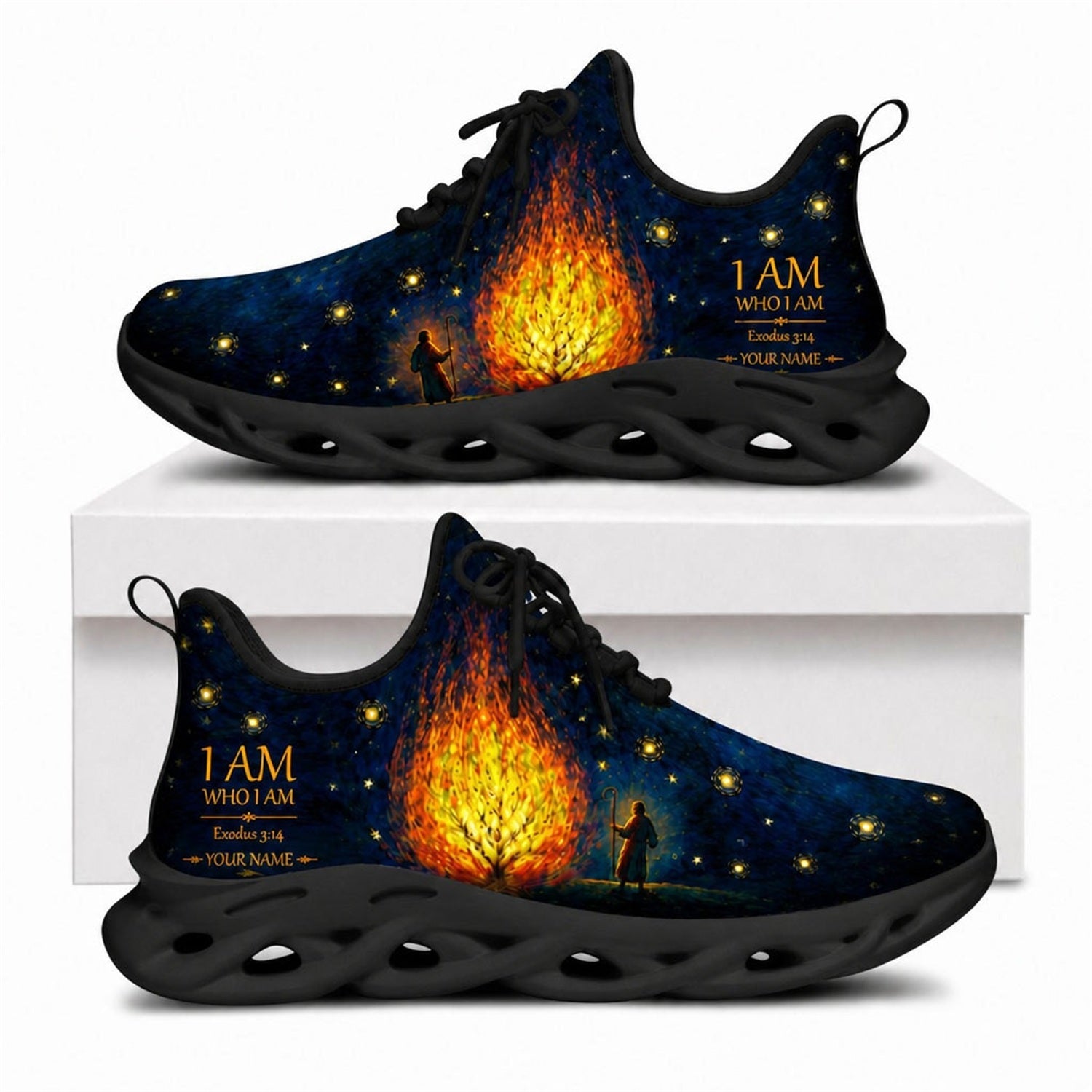 Christian sneakers featuring "I AM WHO I AM" text and a burning bush starry night design on black soles