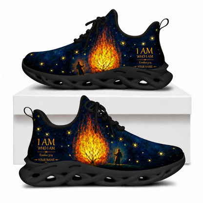 Christian sneakers featuring "I AM WHO I AM" text and a burning bush starry night design on black soles