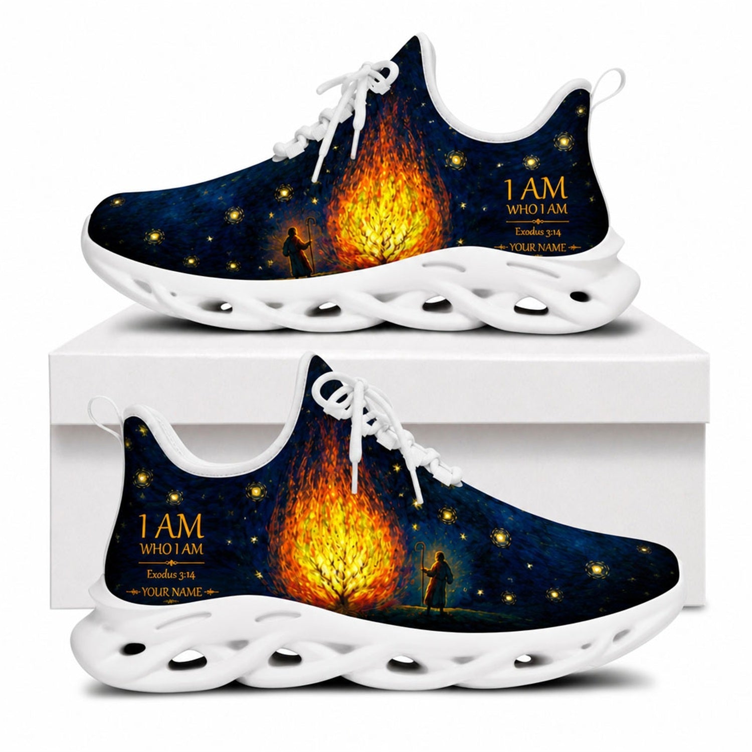 Side view of faith sneakers with "Exodus 3:14" and burning bush graphic on white outsoles