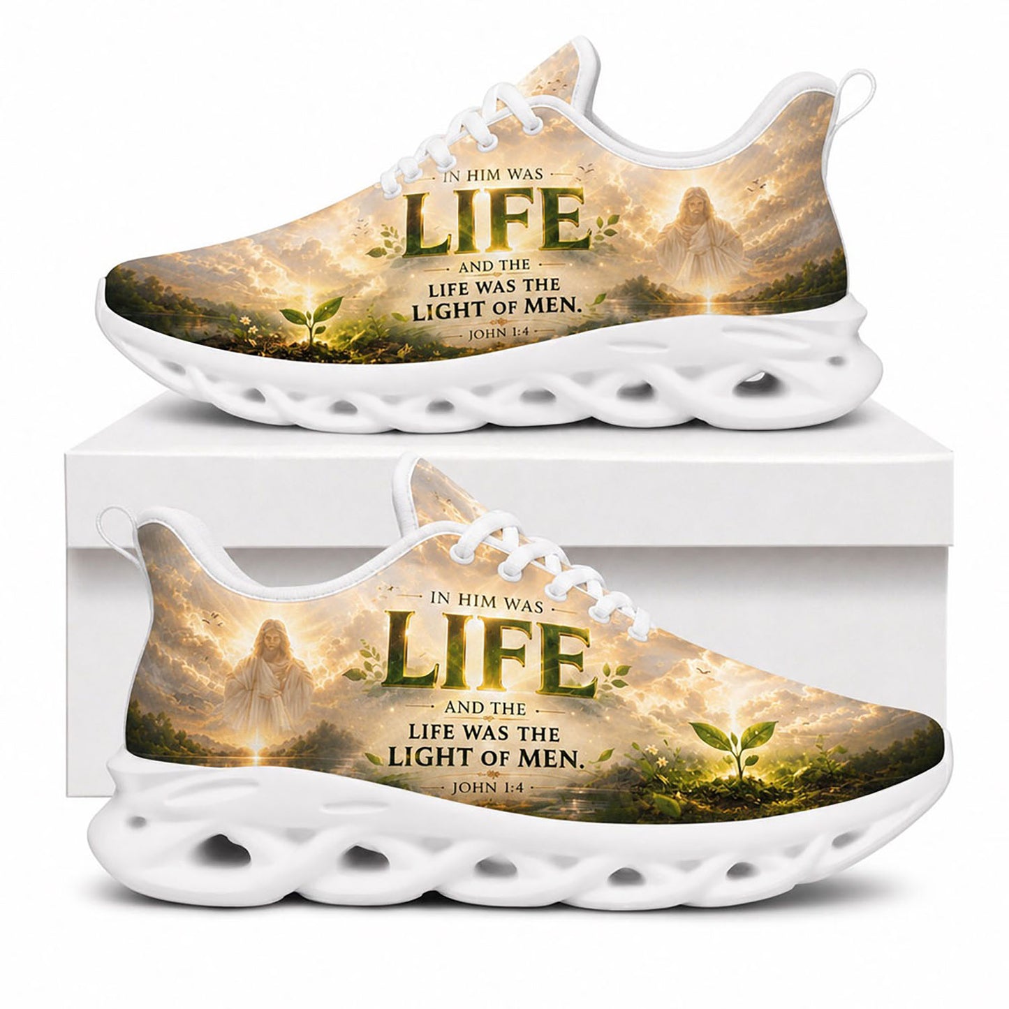 Side view of Custom Name In Him Was Life John 1 4 Max Soul Shoes in white sole featuring personalized Christian text area