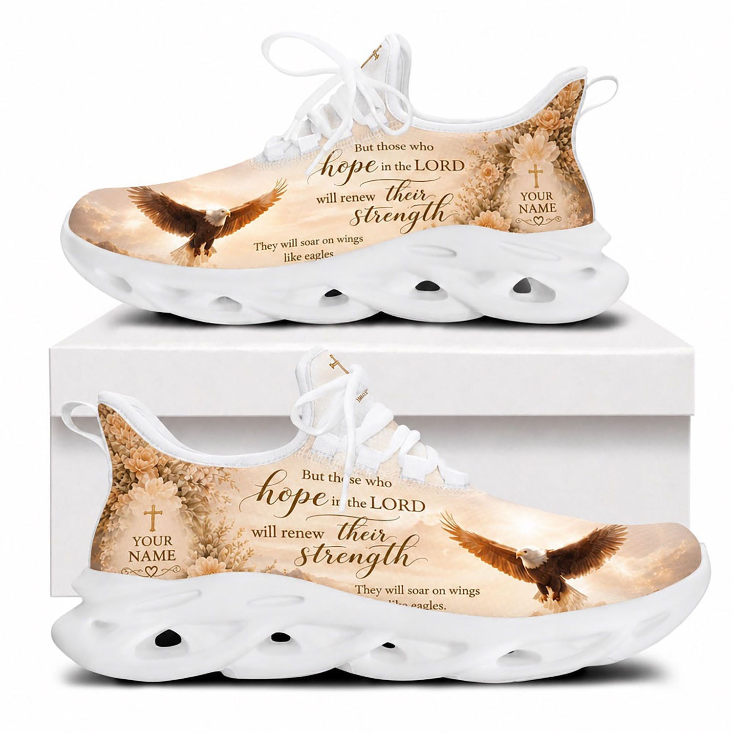 Side view of Custom Name Isaiah 40 31 Hope In The Lord Max Soul Shoes in white sole featuring soaring eagle art