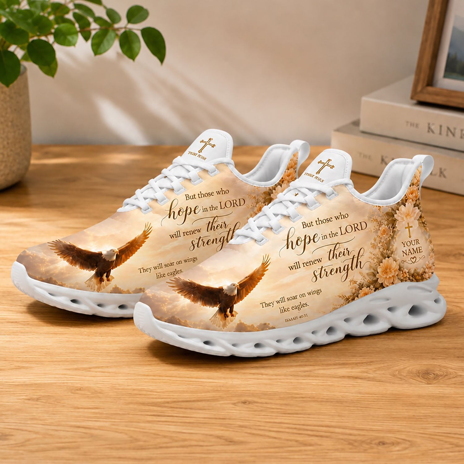 Lifestyle display of Custom Name Isaiah 40 31 Max Soul shoes with white soles styled on a rustic wooden table