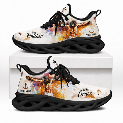 Side view of Custom Name It Is Finished Jesus Max Soul Shoes in black sole showing the placement for personalization