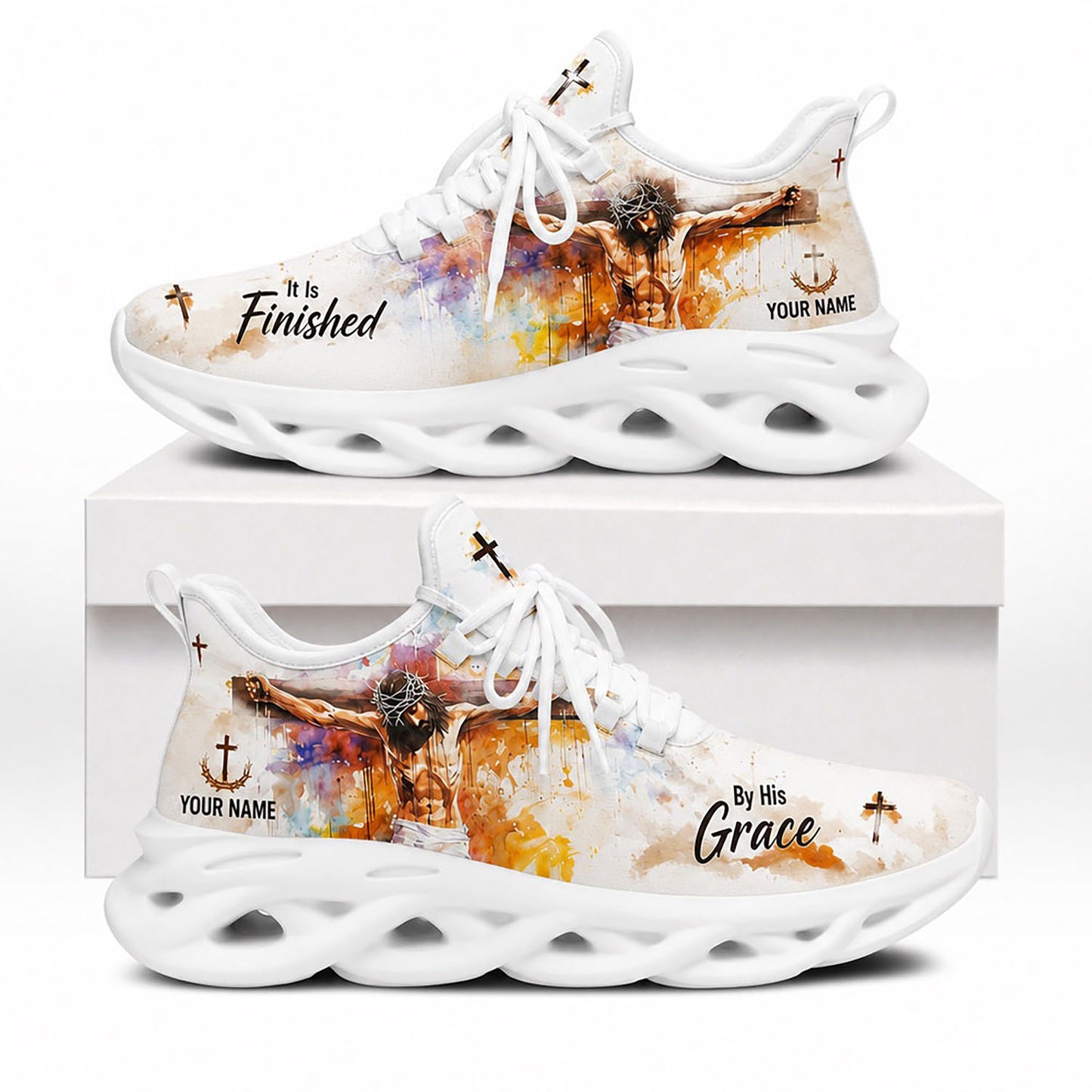 Side view of Custom Name It Is Finished Jesus Max Soul Shoes in white sole with watercolor crucifixion art and custom name field