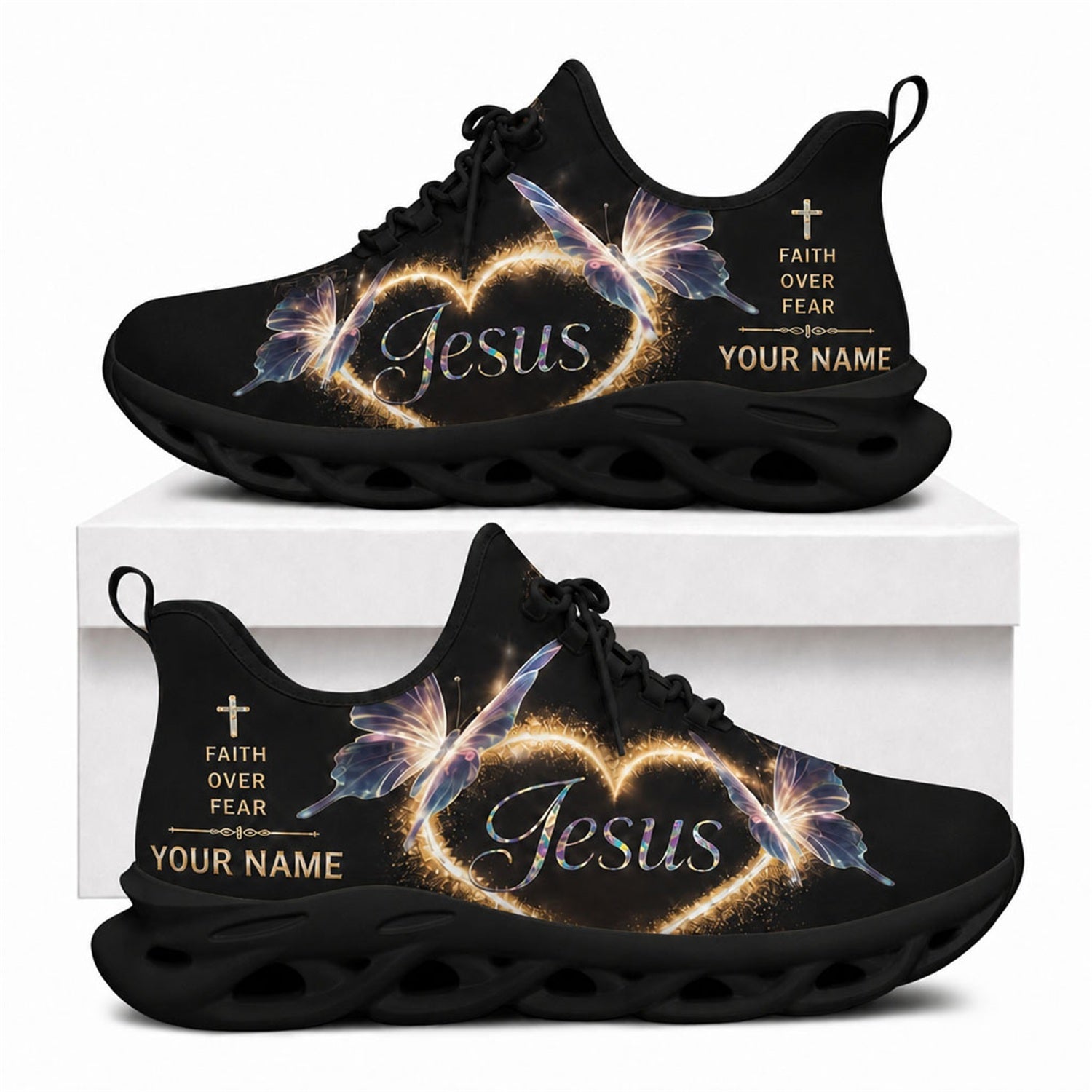 Jesus faith over fear Christian shoes with glowing heart, holographic butterflies, and black wavy soles