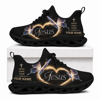 Jesus faith over fear Christian shoes with glowing heart, holographic butterflies, and black wavy soles