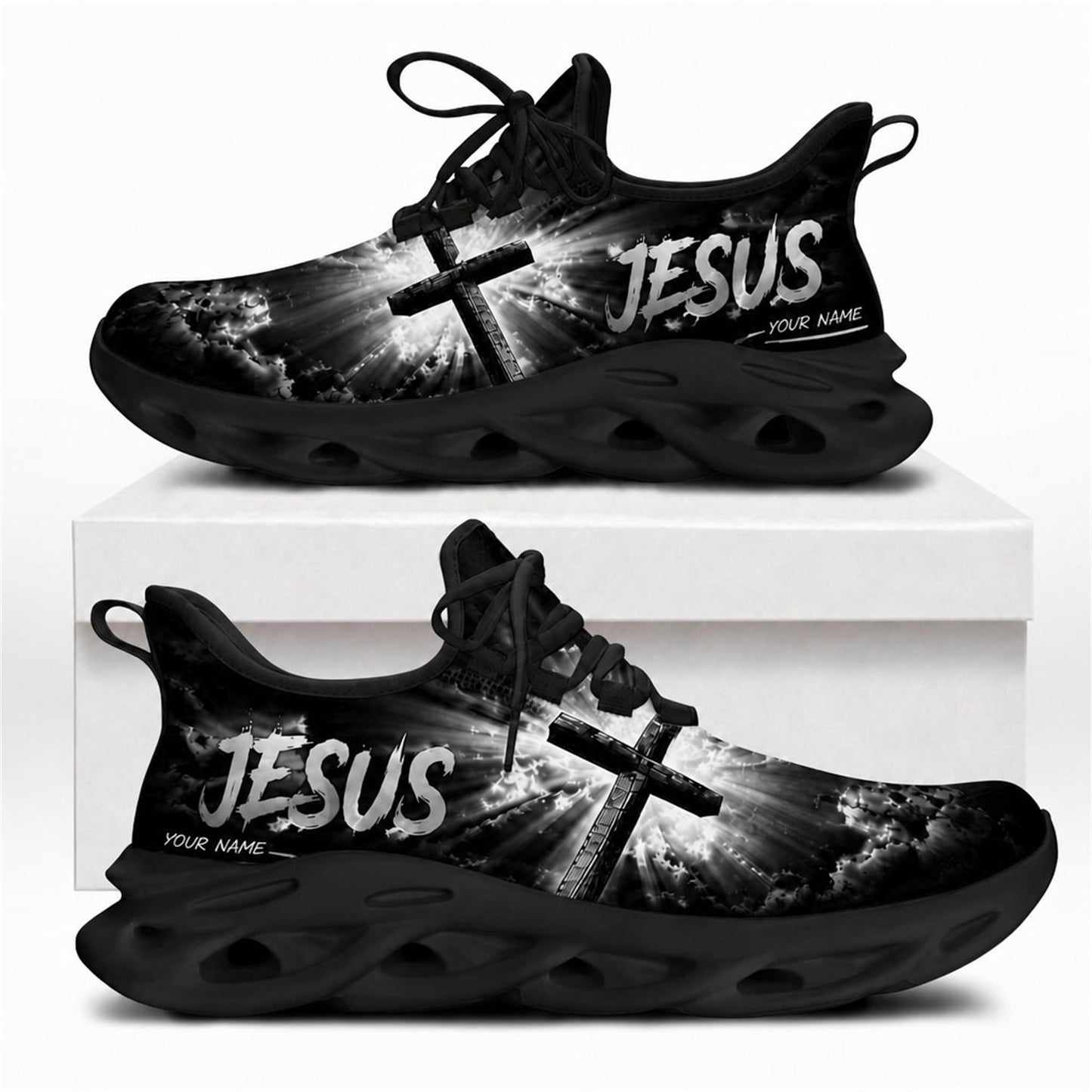 Christian sneakers featuring a glowing cross and "Jesus" text on black wavy soles
