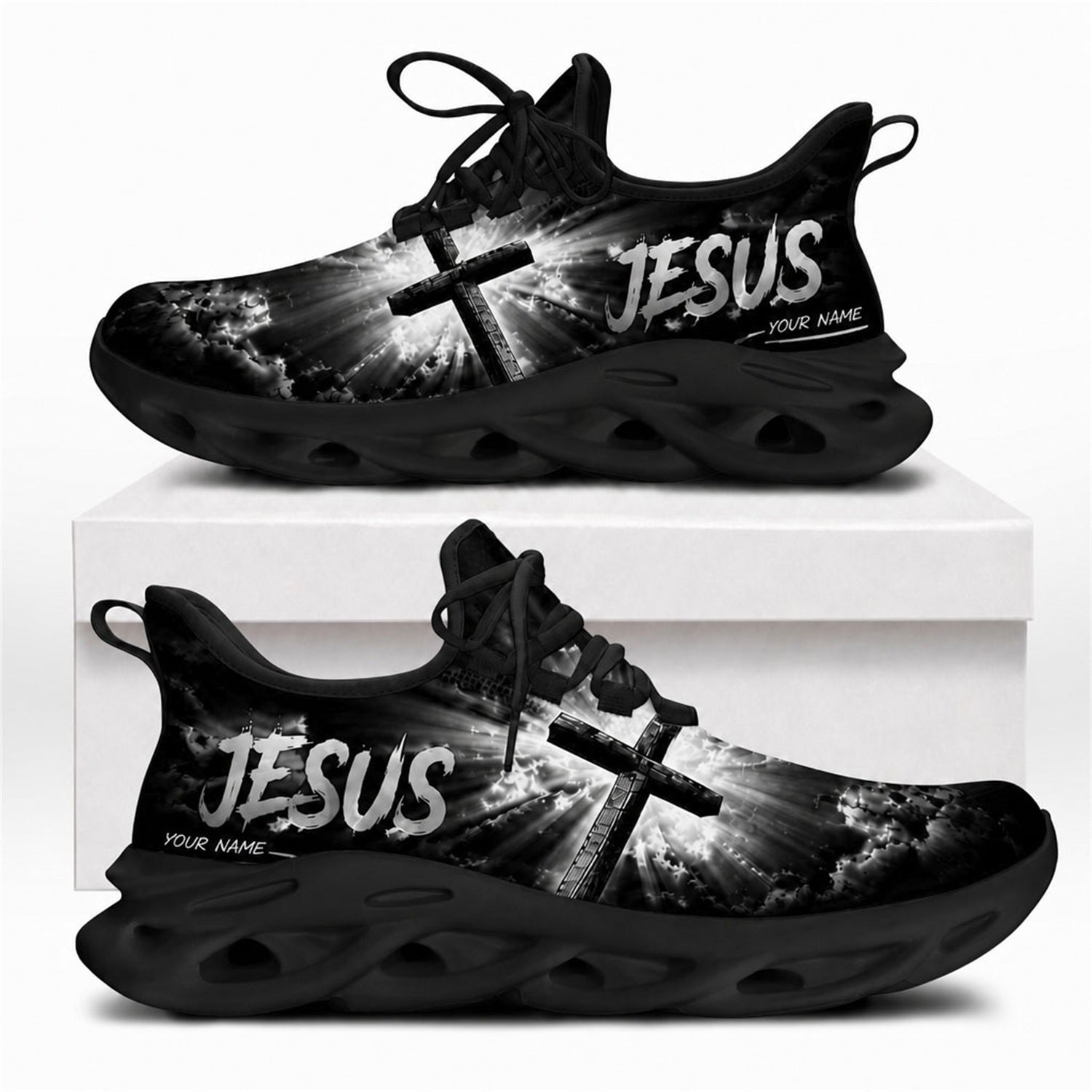 Christian sneakers featuring a glowing cross and "Jesus" text on black wavy soles