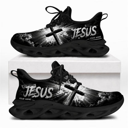 Christian sneakers featuring a glowing cross and "Jesus" text on black wavy soles