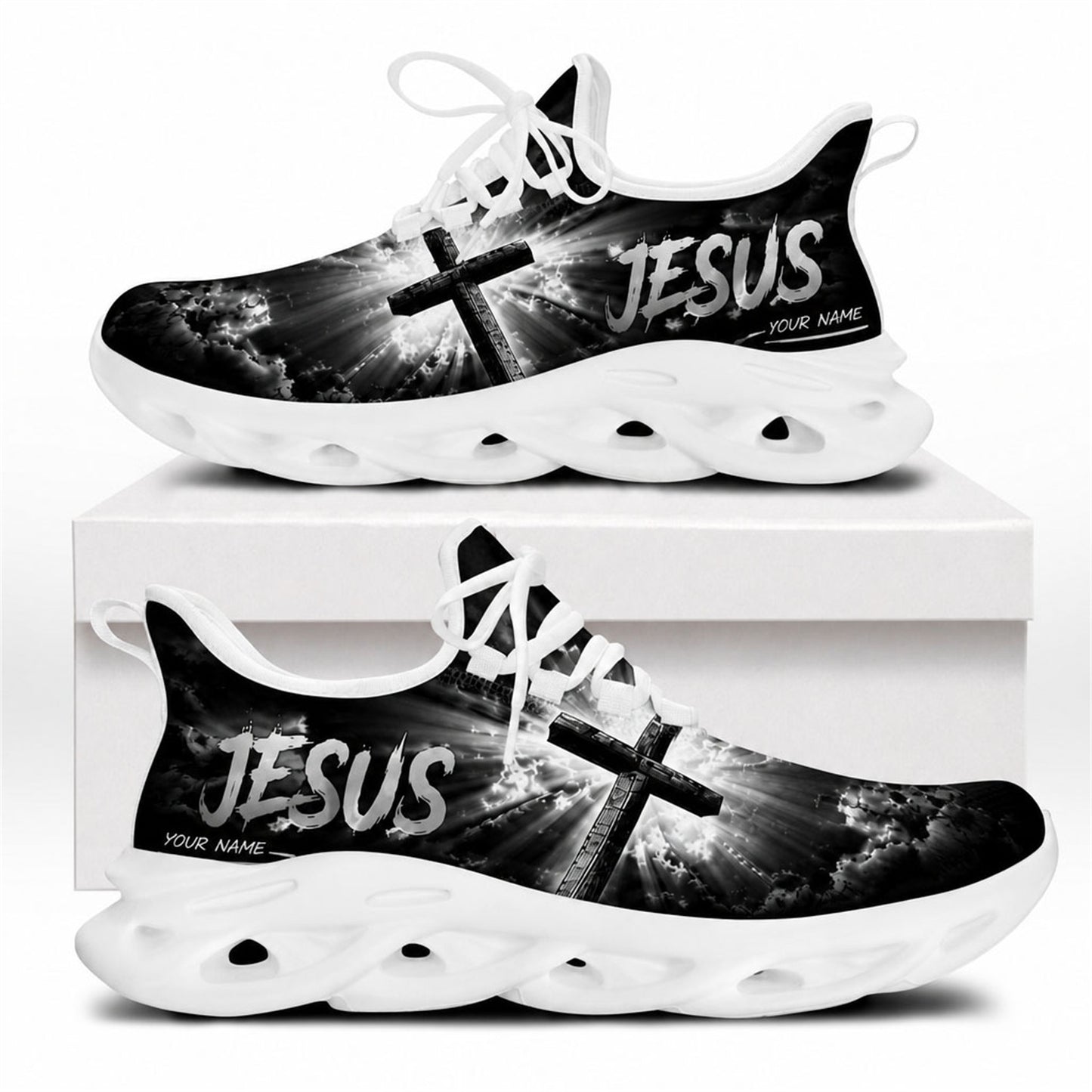 Side view of Jesus sneakers with cross-light motif on white outsoles