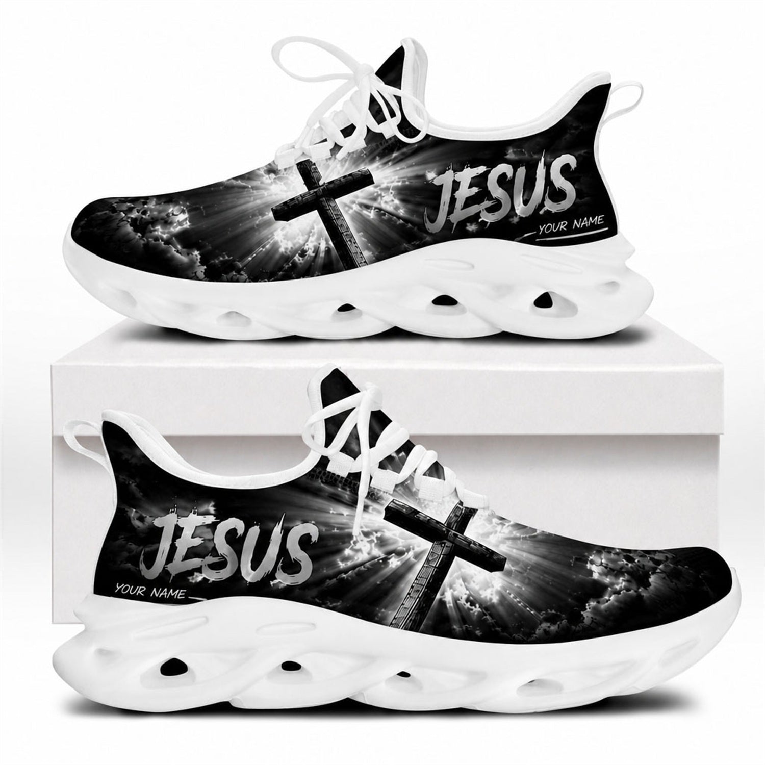 Side view of Jesus sneakers with cross-light motif on white outsoles
