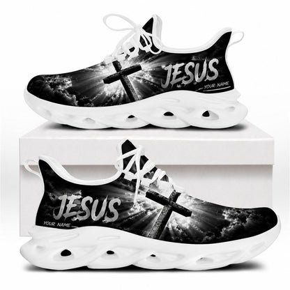 Side view of Jesus sneakers with cross-light motif on white outsoles
