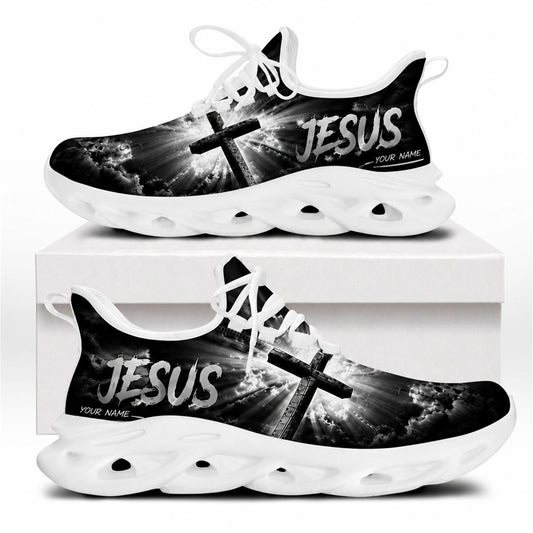 Side view of Jesus sneakers with cross-light motif on white outsoles