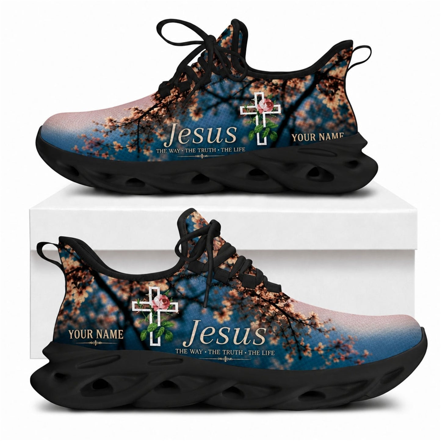 Christian sneakers with Jesus floral cross art, blue sky background, "The Way The Truth The Life" text, black wavy soles