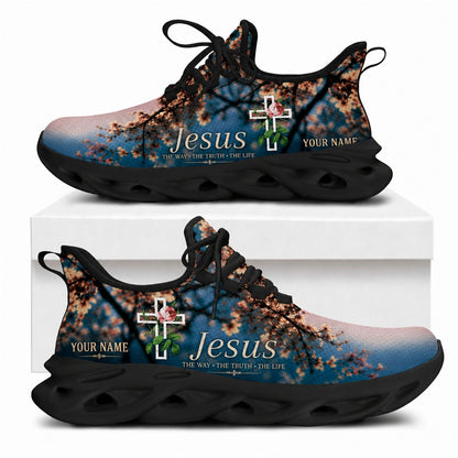 Christian sneakers with Jesus floral cross art, blue sky background, "The Way The Truth The Life" text, black wavy soles