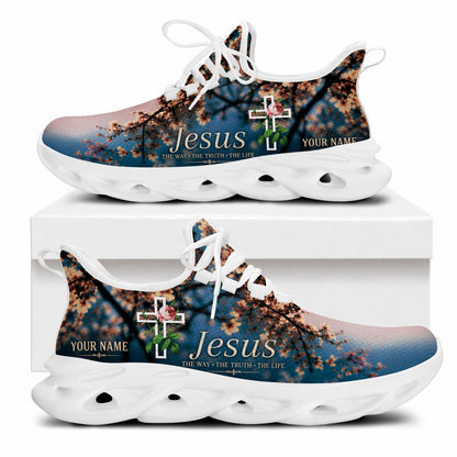 Side view of Jesus floral cross sneakers with serene sky design and white outsoles