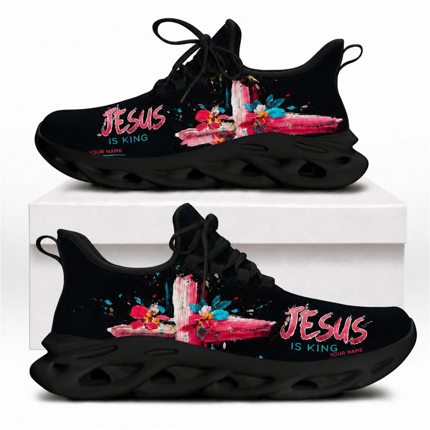 Jesus is king Christian shoes featuring an artistic paintbrush floral cross design and black wavy outsoles