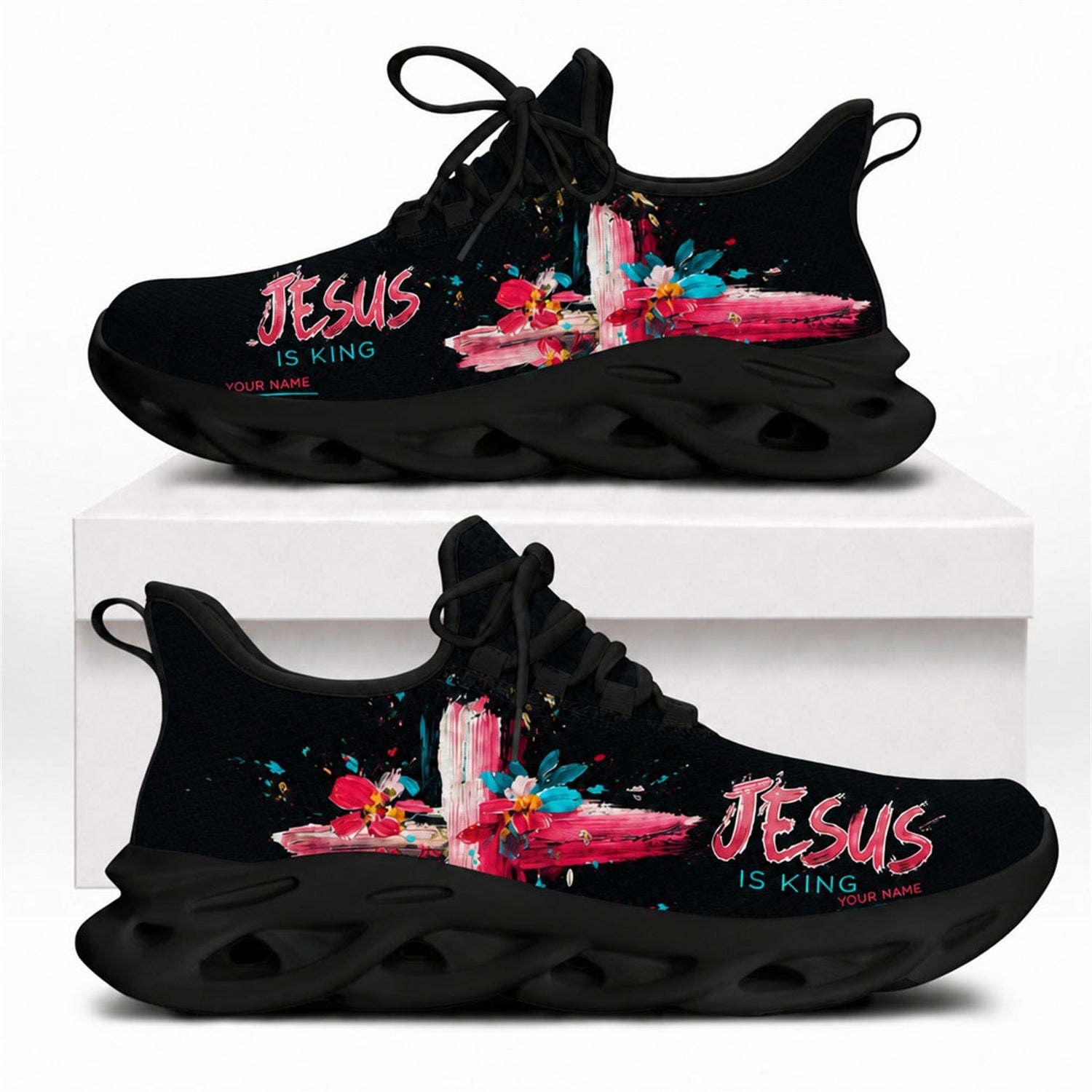 Jesus is king Christian shoes featuring an artistic paintbrush floral cross design and black wavy outsoles