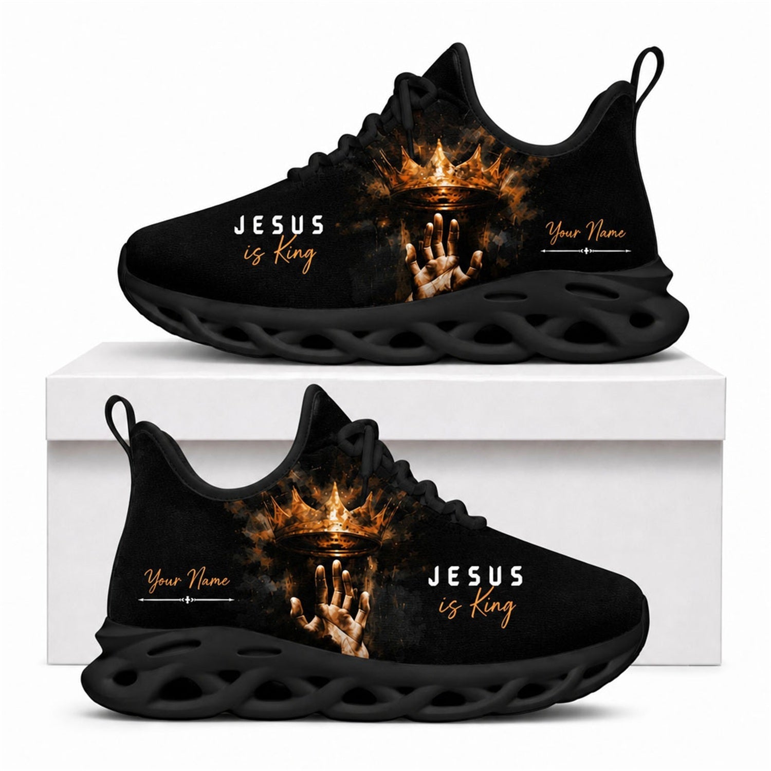 Christian sneakers featuring a royal crown design and "Jesus is King" text on black wavy soles