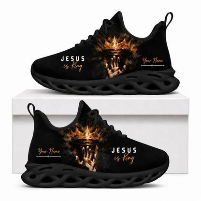 Christian sneakers featuring a royal crown design and "Jesus is King" text on black wavy soles