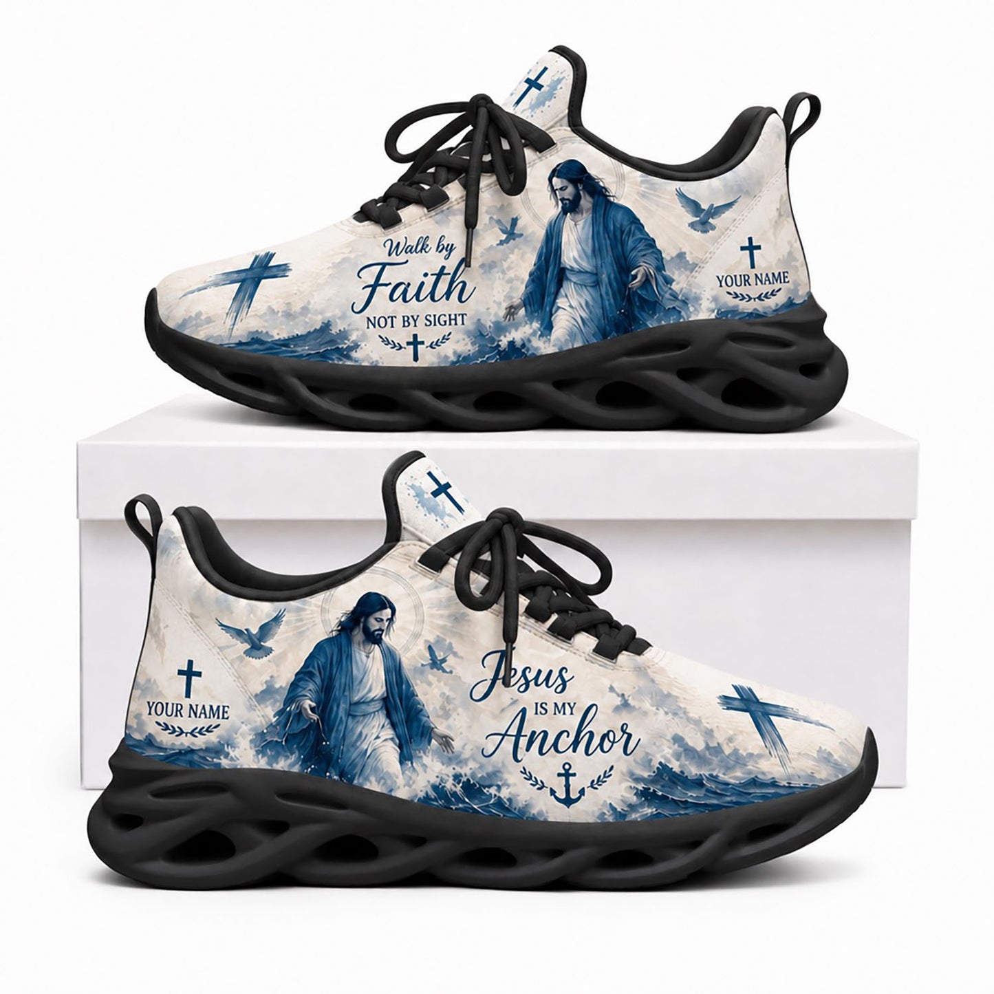Side profile of Custom Name Jesus Is My Anchor Max Soul Shoes in black sole showing the personalizable name text zone