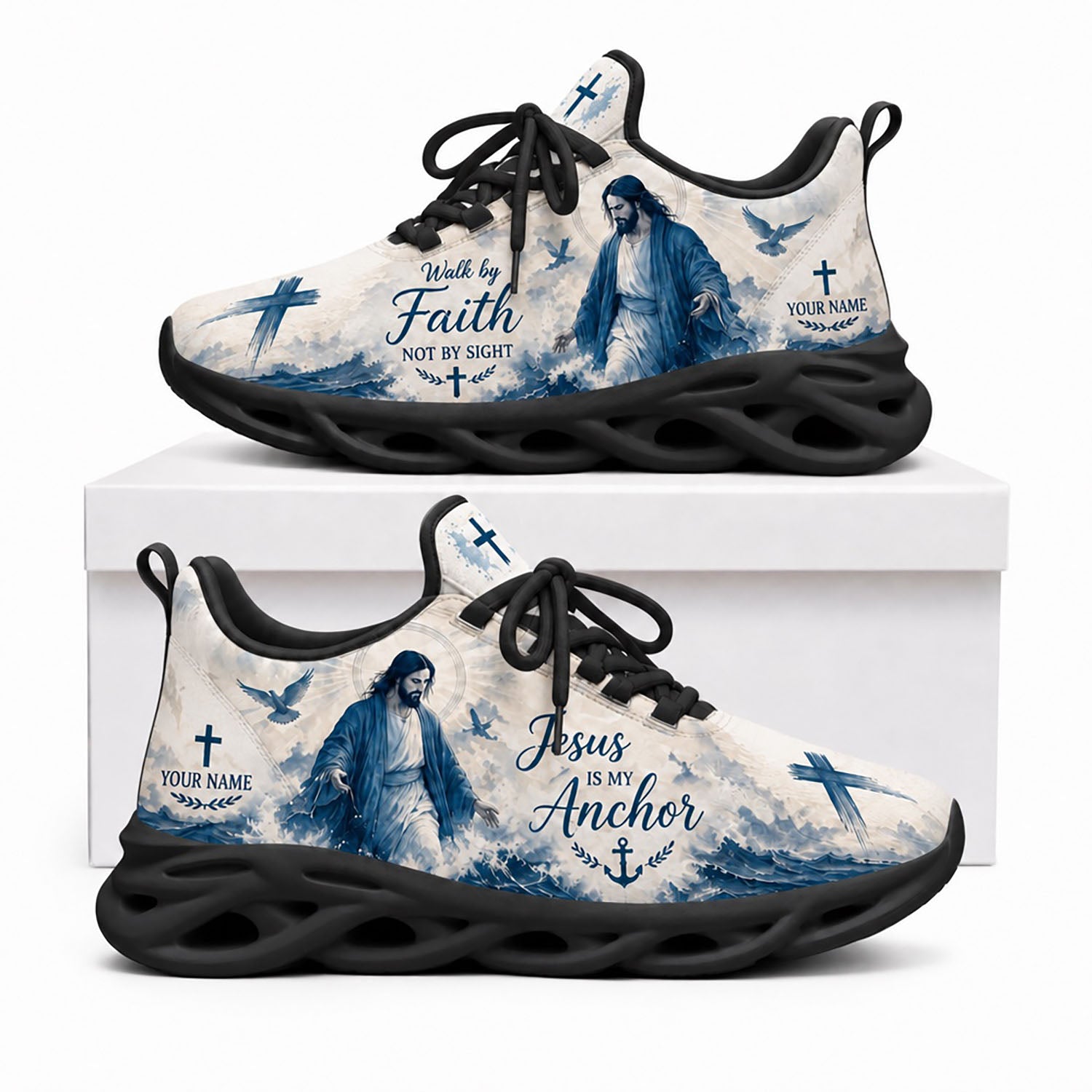 Side profile of Custom Name Jesus Is My Anchor Max Soul Shoes in black sole showing the personalizable name text zone