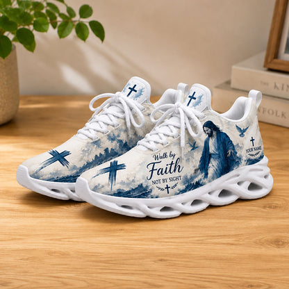 Lifestyle product photography of Custom Name Jesus Is My Anchor Max Soul shoes with white soles styled on a wooden tabletop