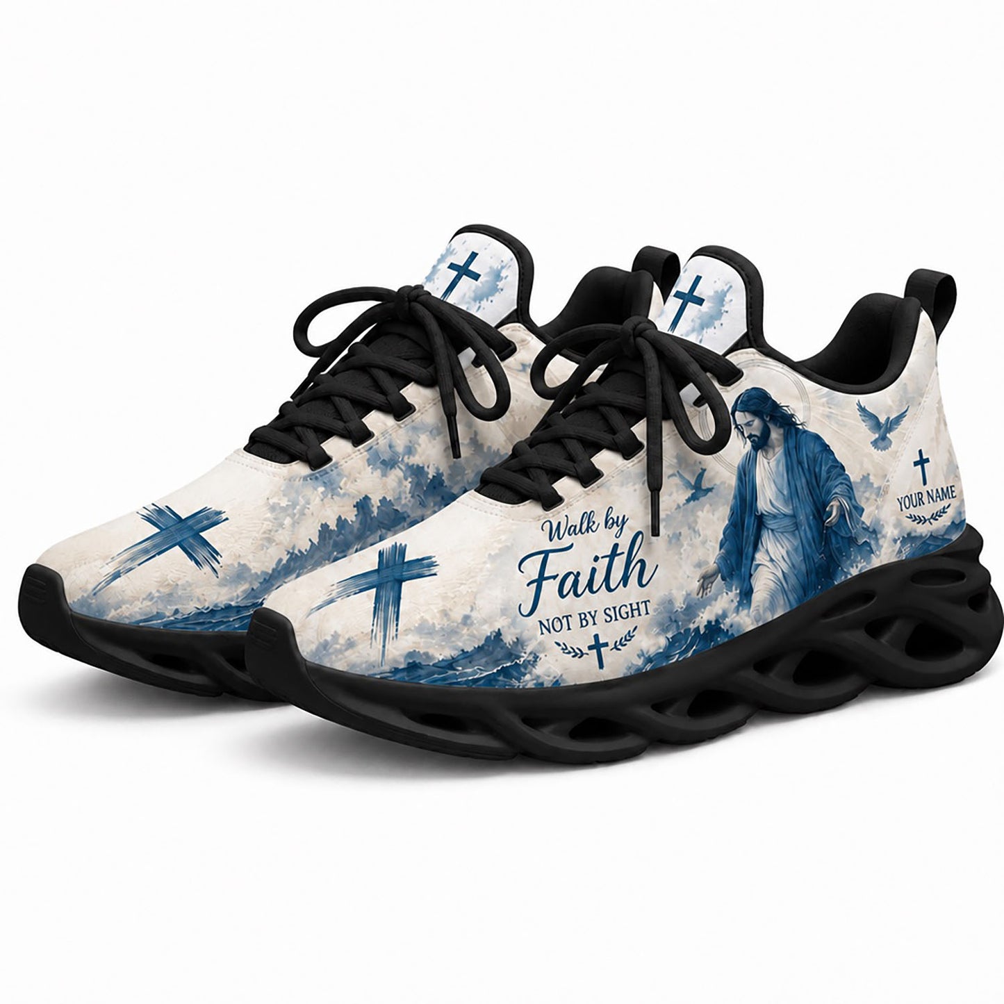 Pair of blue ocean Christian sneakers featuring an artistic Jesus walking on water canvas print with dynamic black soles