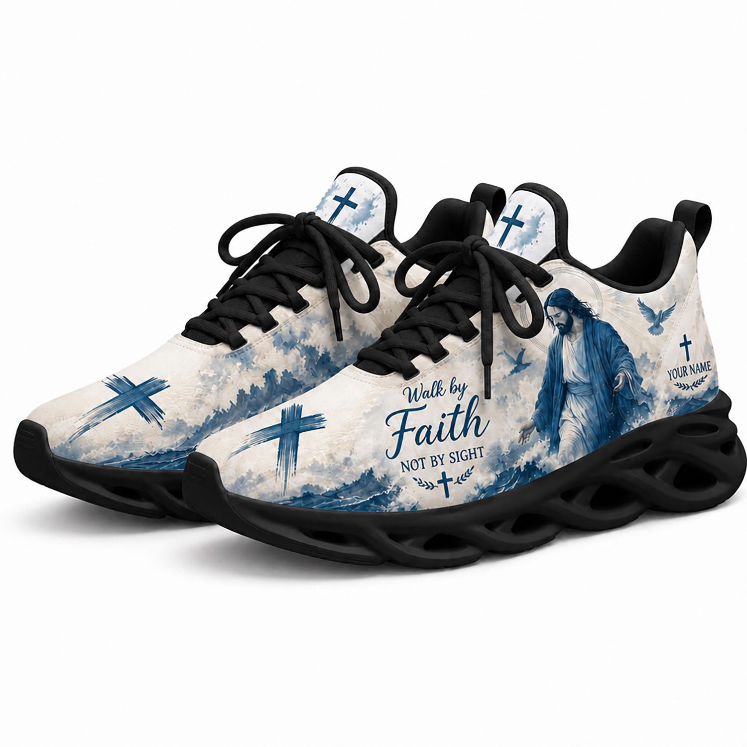 Pair of blue ocean Christian sneakers featuring an artistic Jesus walking on water canvas print with dynamic black soles