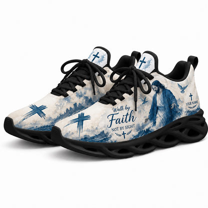 Pair of blue ocean Christian sneakers featuring an artistic Jesus walking on water canvas print with dynamic black soles