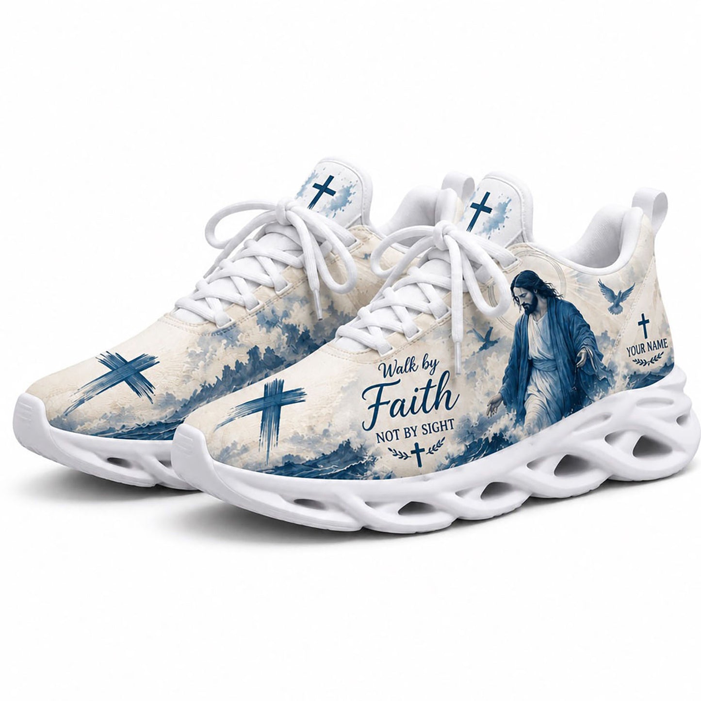 Angled pair of blue ocean Christian sneakers with elegant cursive text reading Walk by Faith on white soles