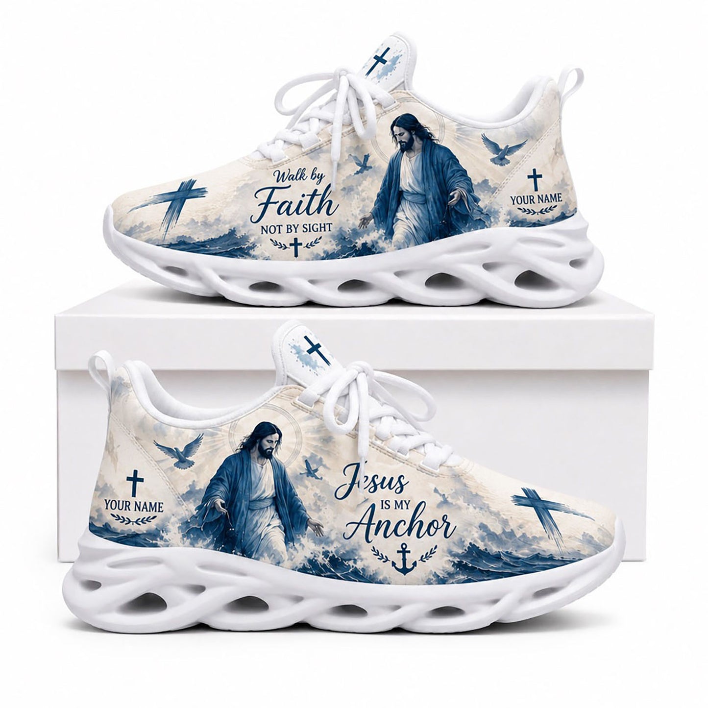 Side profile of Custom Name Jesus Is My Anchor Max Soul Shoes on white soles with blue ocean waves and cross graphics