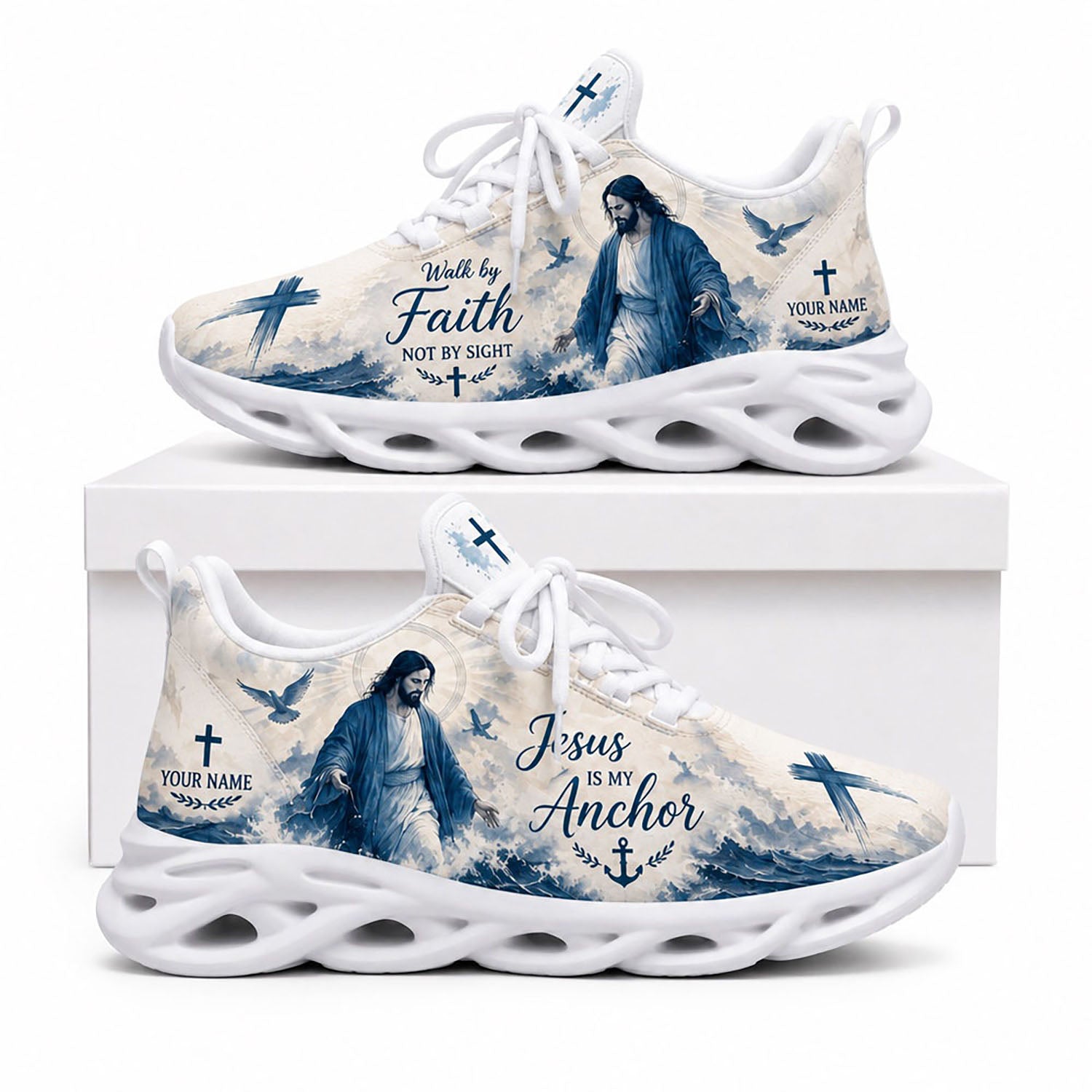 Side profile of Custom Name Jesus Is My Anchor Max Soul Shoes on white soles with blue ocean waves and cross graphics