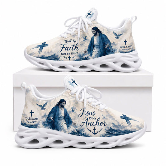 Side profile of Custom Name Jesus Is My Anchor Max Soul Shoes on white soles with blue ocean waves and cross graphics