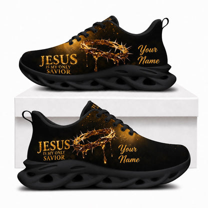 Side view of Custom Name Jesus Is My Only Savior Max Soul Shoes in black sole showing the personalizable name text zone