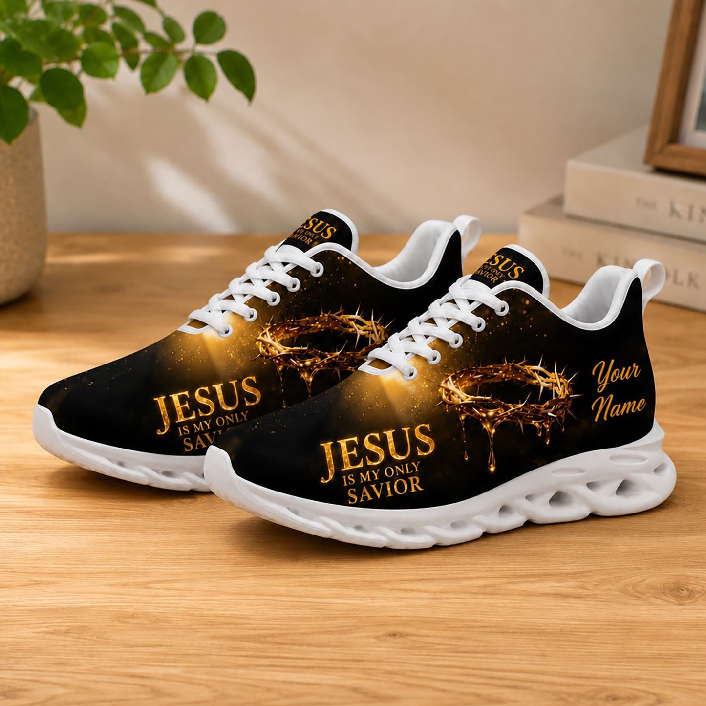 Lifestyle display of Custom Name Jesus Is My Only Savior Max Soul shoes with white soles styled on a wooden tabletop