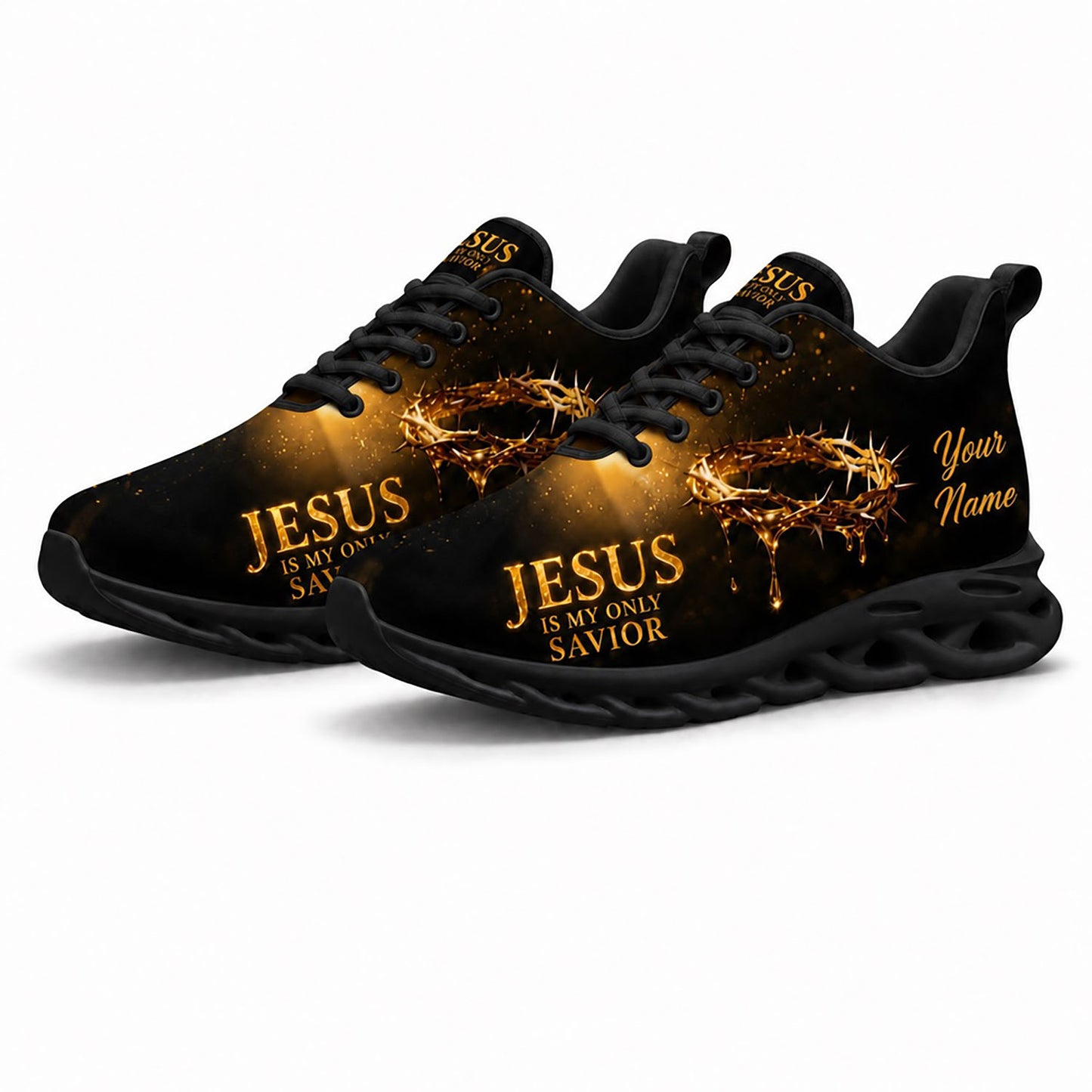 Pair of golden crown of thorns sneakers featuring a cosmic black and gold canvas print with dynamic black soles