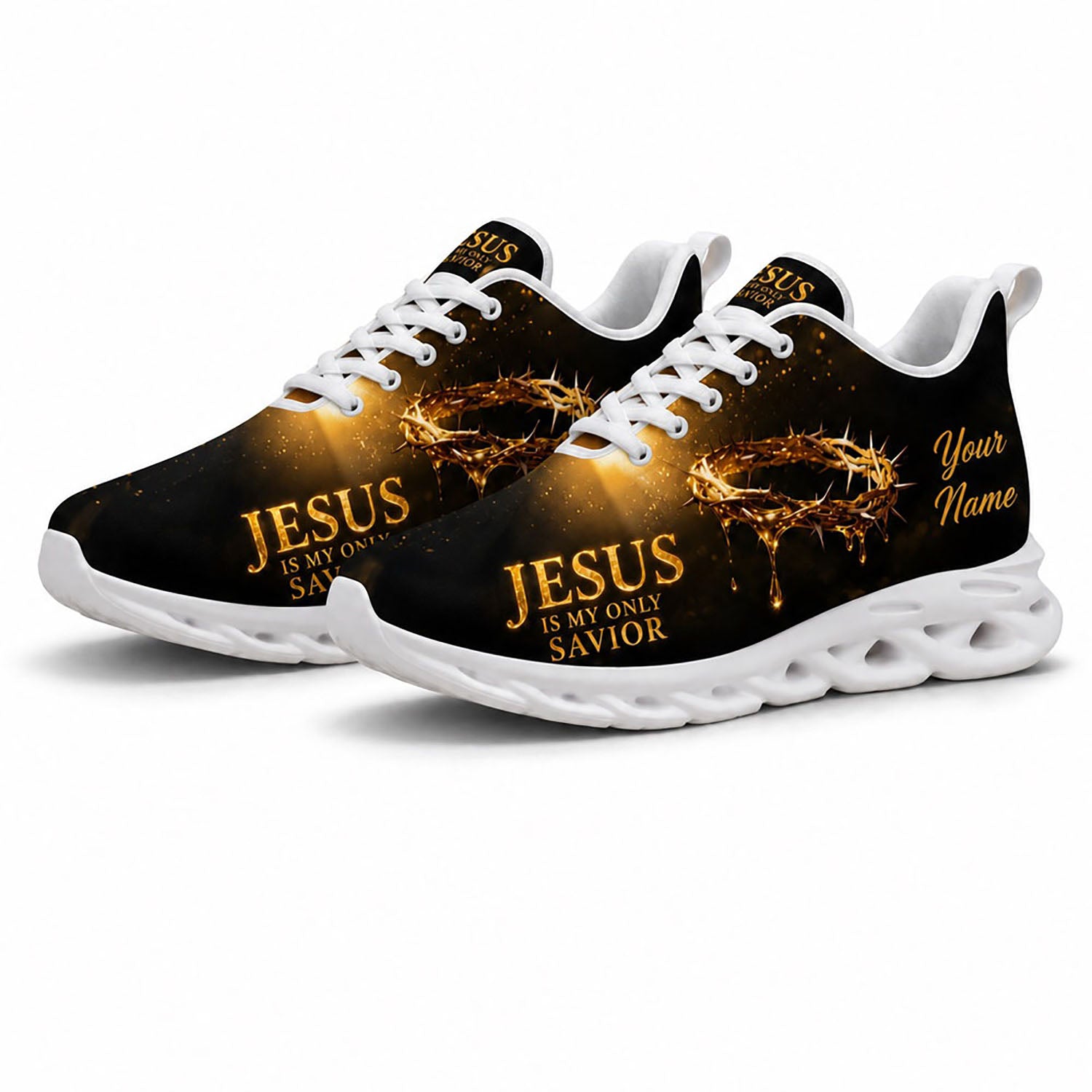 Angled pair of golden crown of thorns sneakers with glittering light effects and religious text on white soles