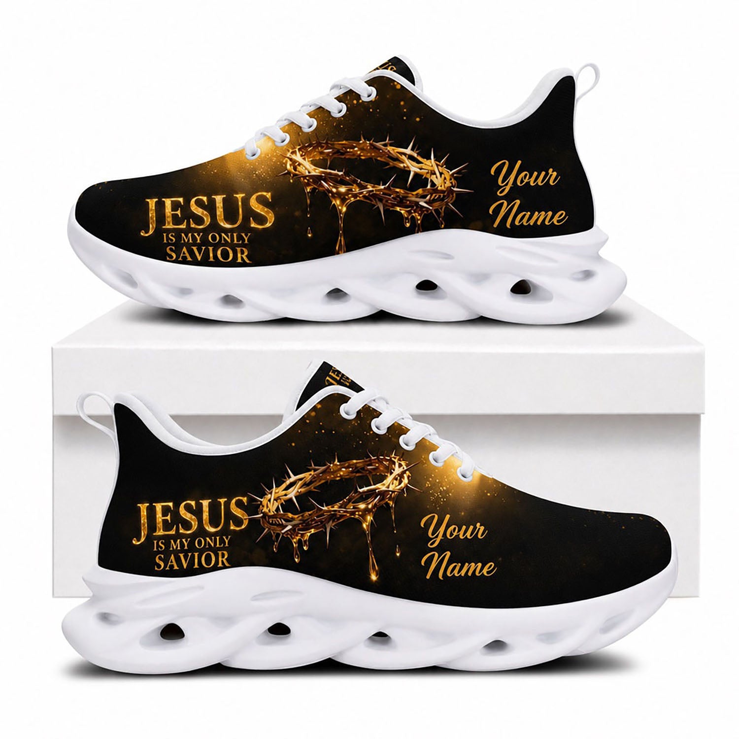Side view of Custom Name Jesus Is My Only Savior Max Soul Shoes in white sole featuring golden crown of thorns art