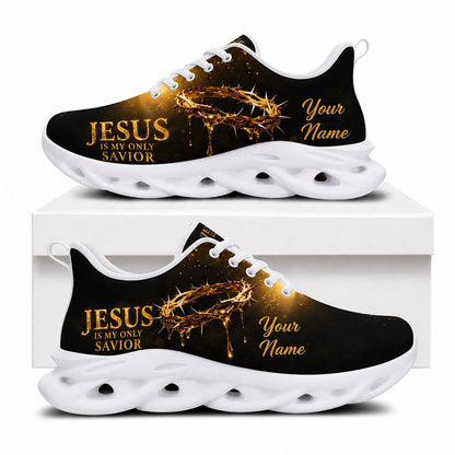 Side view of Custom Name Jesus Is My Only Savior Max Soul Shoes in white sole featuring golden crown of thorns art