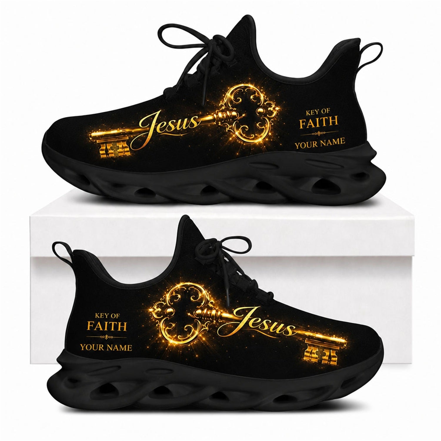 Christian sneakers featuring a glowing golden key design and "Key of Faith" text on black wavy soles