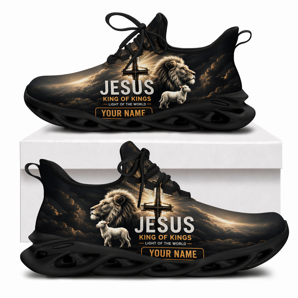 Side view of custom name Jesus King of Kings Max Soul shoes featuring a majestic lion, a lamb, a holy cross, and a solid black wavy sole