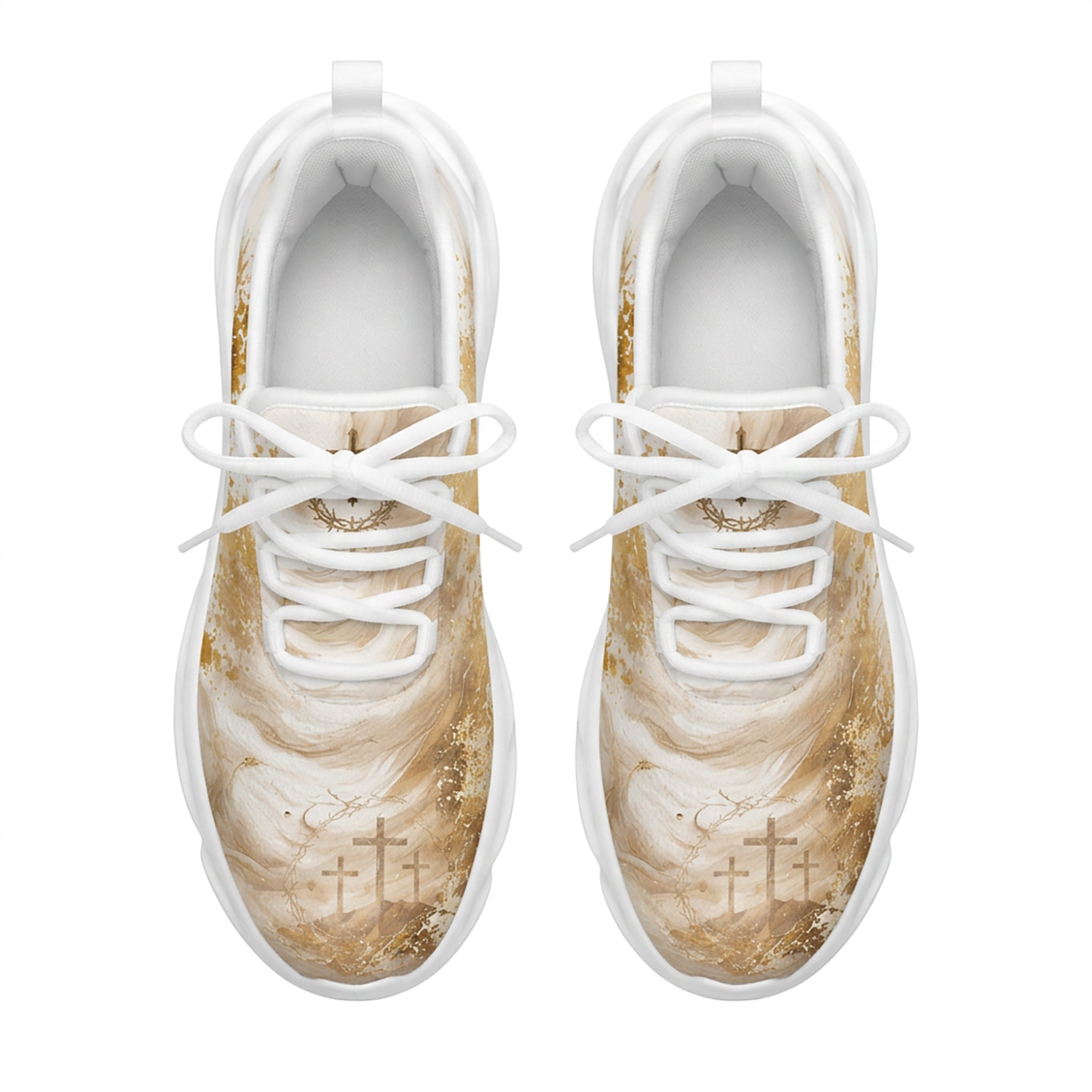 Top-down view of the custom faith sneakers displaying three crosses of Calvary art on the white-gold upper mesh