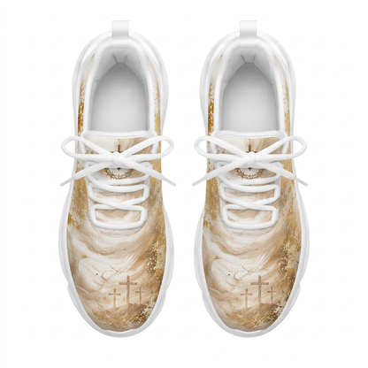Top-down view of the custom faith sneakers displaying three crosses of Calvary art on the white-gold upper mesh