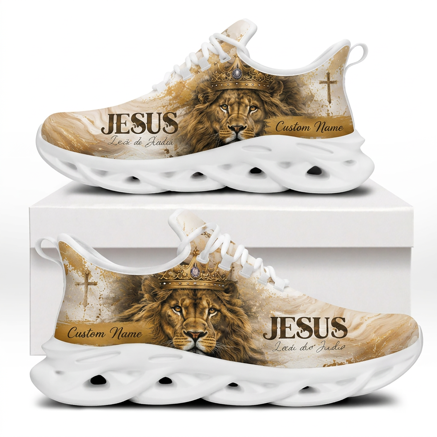 Side views of Custom Name Jesus Leão de Judá Max Soul Shoes on white soles with a gold-crowned lion graphic