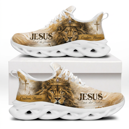 Side views of Custom Name Jesus Leão de Judá Max Soul Shoes on white soles with a gold-crowned lion graphic