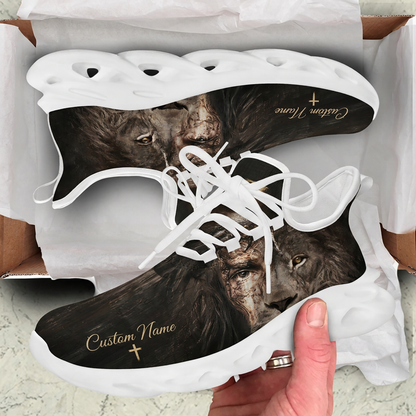 Unboxing perspective of the Christian double exposure lion sneakers nested inside a cardboard shipping box